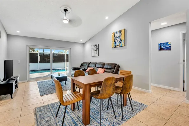 a view of a dining room with furniture