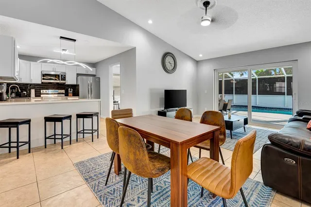 a view of a dining room with furniture
