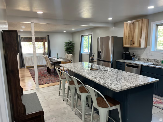 2807 North Ogden Canyon Road Eden, UT 84310 - Photo 11 of 72 Kitchen island with a light-toned speckled countertop, dark blue cabinetry, and stainless steel appliances