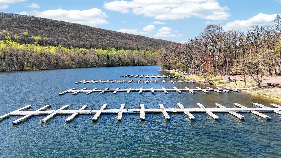 18 White Oak Road Nesquehoning, PA 18240 - Photo 45 of 52 Boasting a serene lake with private boat docks nestled against a tree-lined hillside.