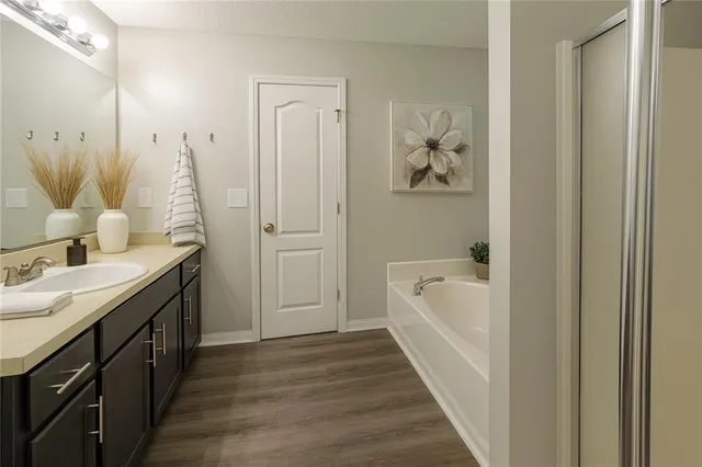 a bathroom with a tub sink and mirror