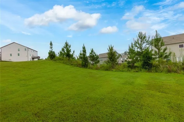 a view of a big yard with plants and a large tree