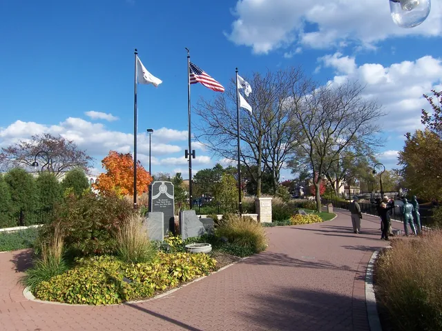 a view of a park with large trees