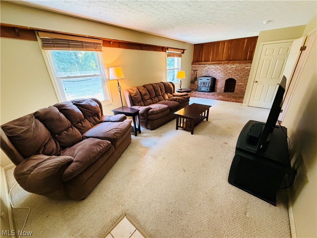 5770 Chapel Road Madison, OH 44057 - Photo 22 of 42 Brick fireplace with an arched opening, wood paneling, and wall-to-wall carpeting