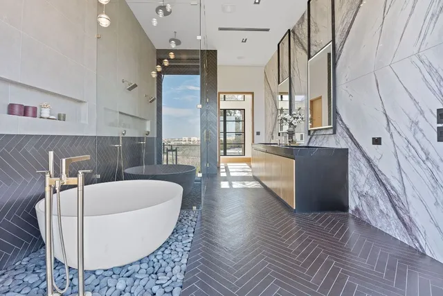 a large white tub sitting in a kitchen