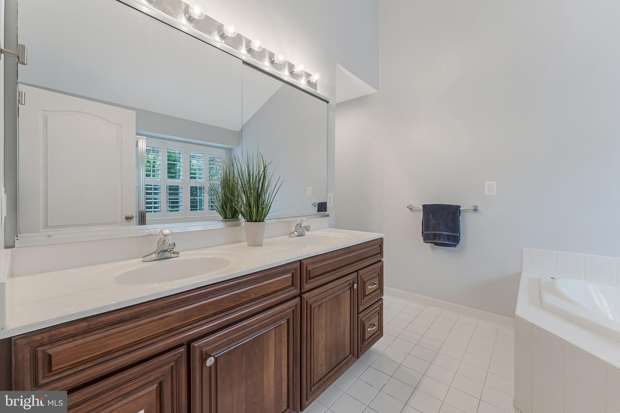 19599 Aspendale Square Ashburn, VA 20147 - Photo 33 of 56 a bathroom with a granite countertop sink a mirror and a bathtub