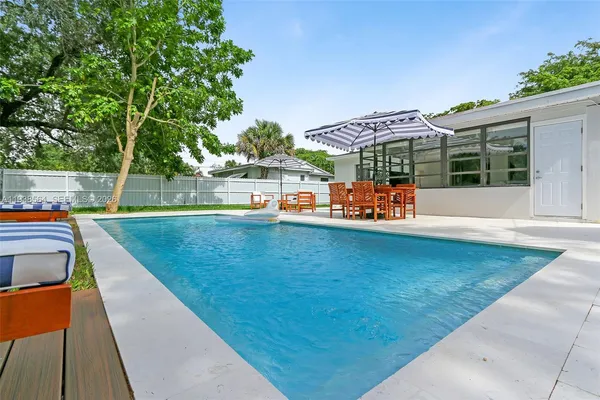 swimming pool view with a outdoor seating