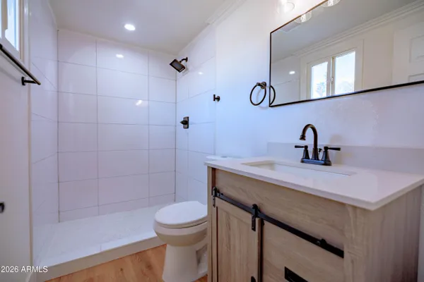 a bathroom with a sink a toilet and shower