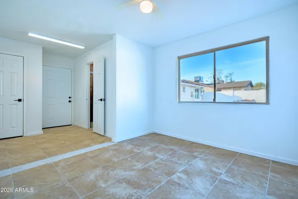 a view of a room with a window