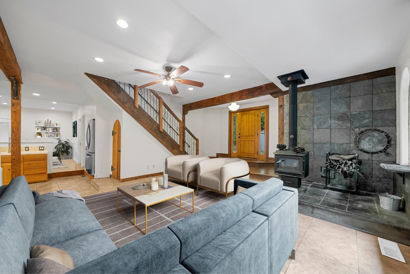 Undisclosed Address Boulder Creek, CA 95006 - Photo 23 of 41 a living room with furniture and a chandelier