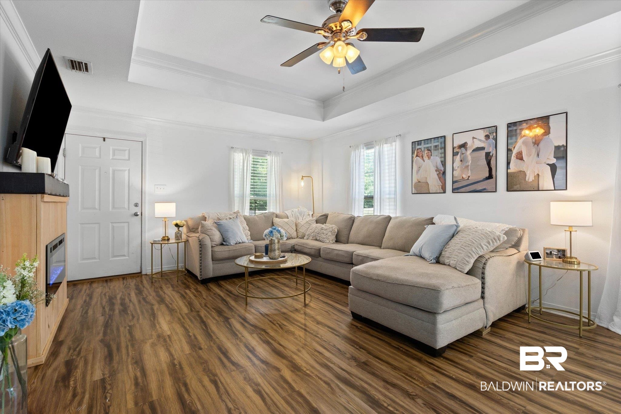 1411 Creola Axis Loop Road North Axis, AL 36505 - Photo 4 of 21 Living area with dark wood-style floors, a ceiling fan, a tray ceiling, and ornamental molding