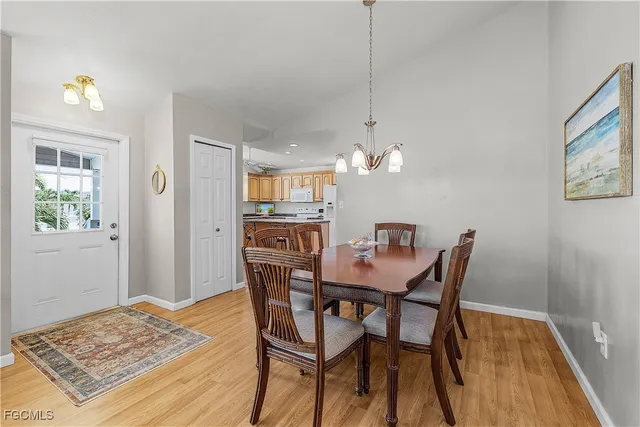a view of a dining room with furniture