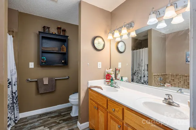 a bathroom with a sink a toilet and a mirror