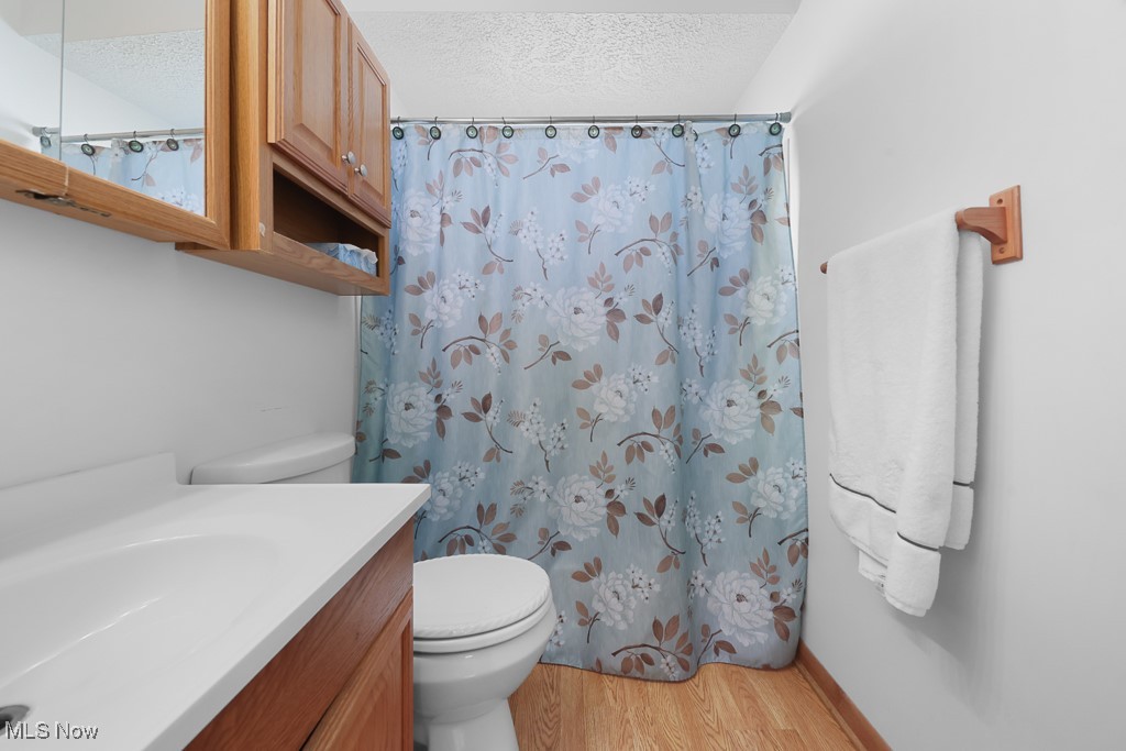 547 Lansing Road Akron, OH 44312 - Photo 29 of 50 Bathroom with light wood-style flooring, vanity, a shower with curtain, and a textured ceiling