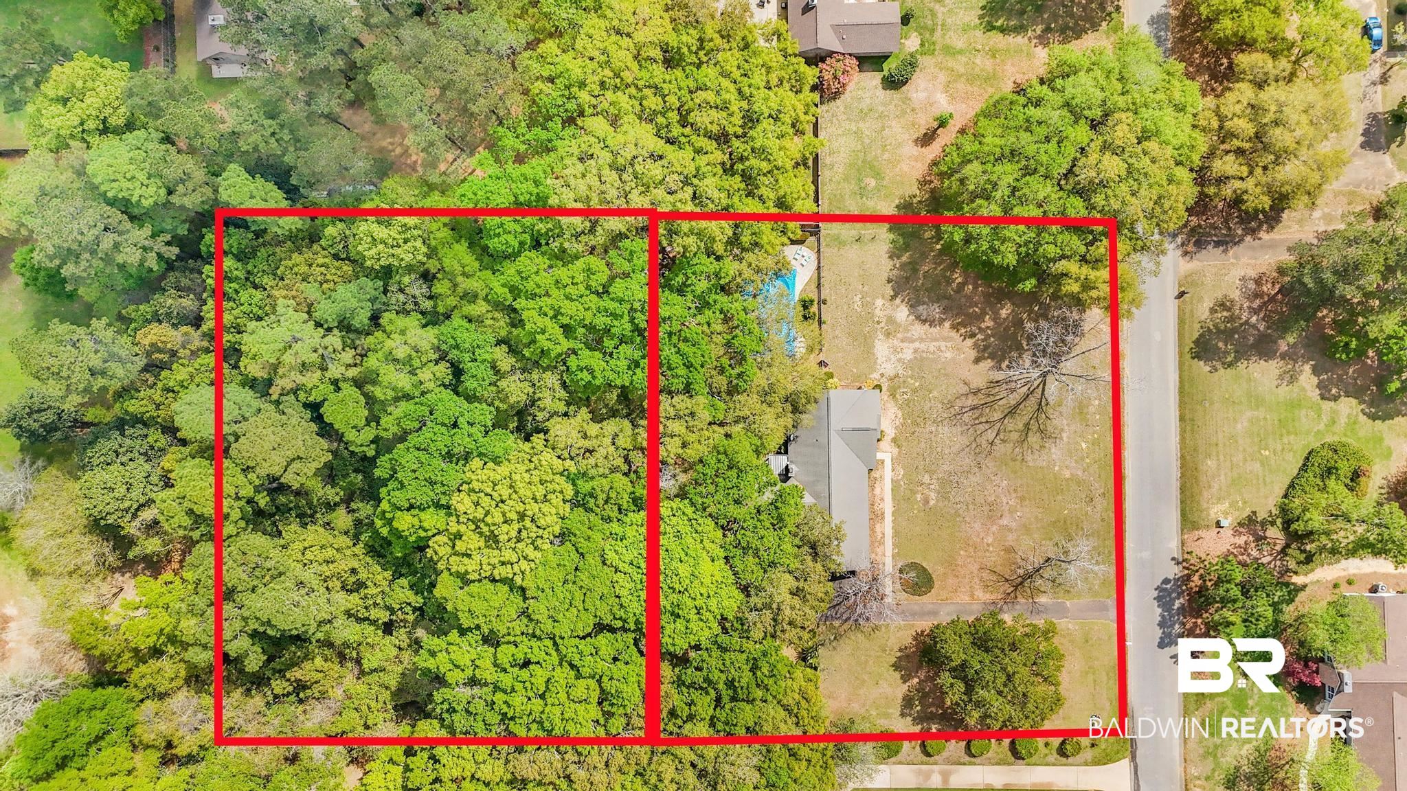 10207 Plantation Drive Daphne, AL 36526 - Photo 8 of 48 Aerial view of property and surrounding area with property boundaries highlighted