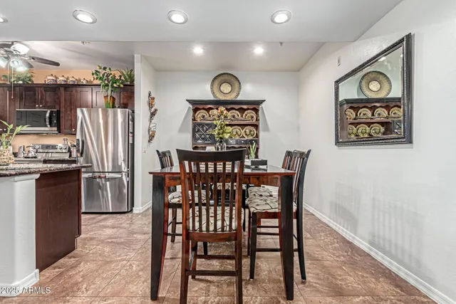 a view of a dining room with furniture