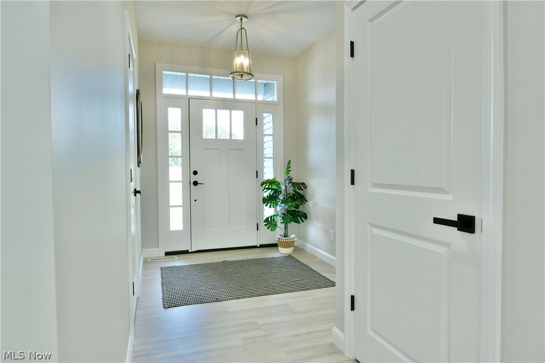 Entryway featuring a paneled door with transom window, wood-finish flooring, a contemporary pendant light fixture, and matte black door hardware