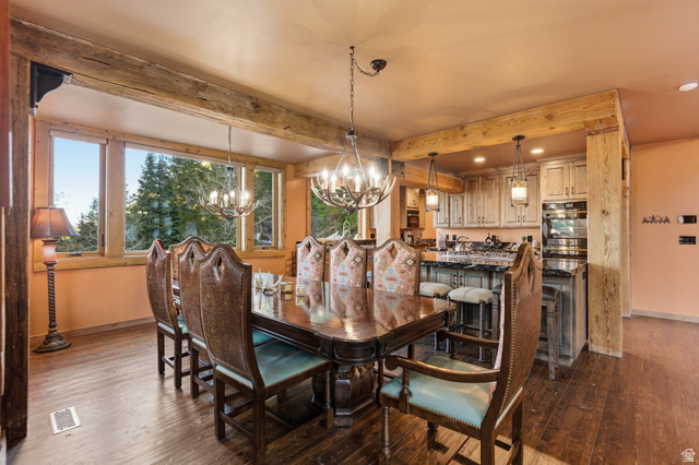2687 Stewart Road Sundance, UT 84604 - Photo 7 of 48 Dining room featuring dark wood-style floors, a chandelier, and beam ceiling