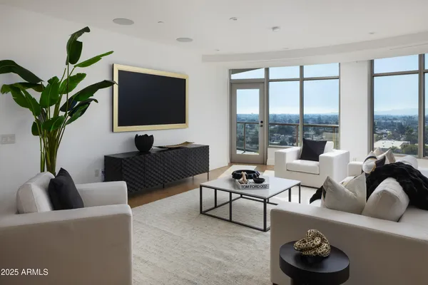 a living room with furniture potted plant and a flat screen tv