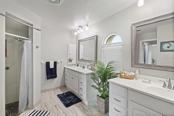 a bathroom with a sink a mirror and a shower