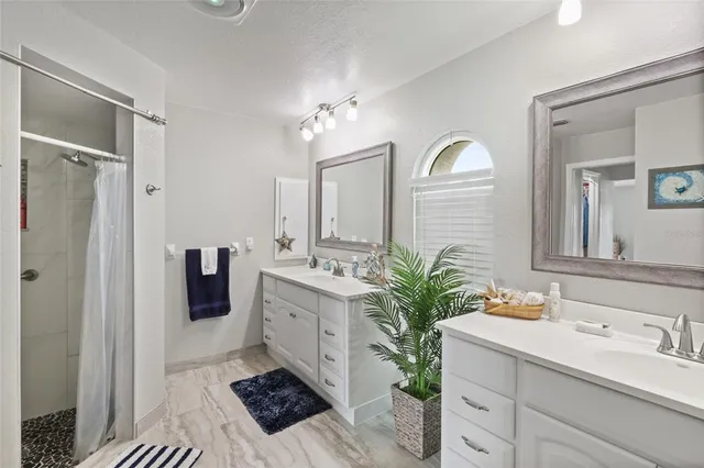 a bathroom with a sink a mirror and a shower