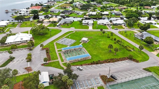 an aerial view of a pool