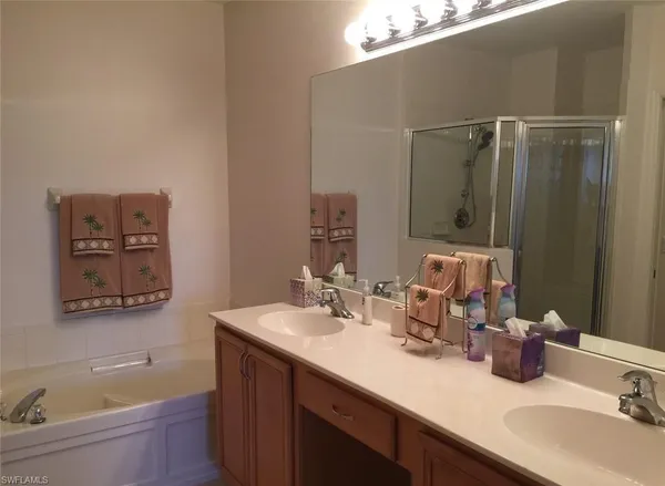 a bathroom with a double vanity sink a mirror and a bathtub
