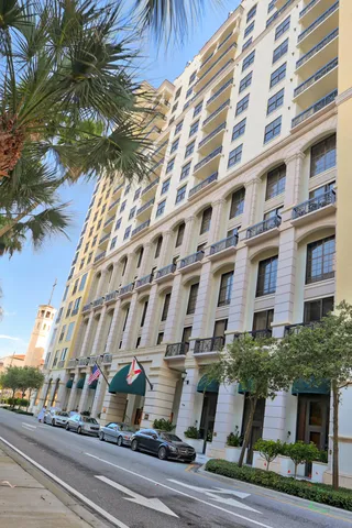 a view of a building with a street