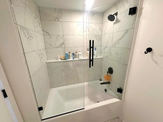 a bathroom with a bathtub