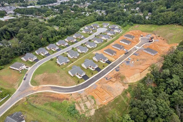 an aerial view of a swimming pool