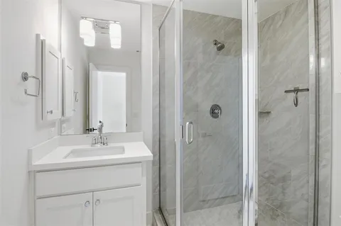 a bathroom with a shower sink vanity and mirror