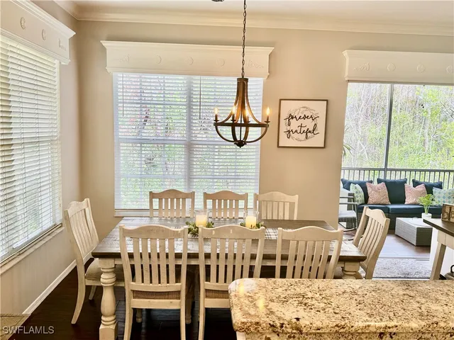a view of a dining room with furniture window and outside view