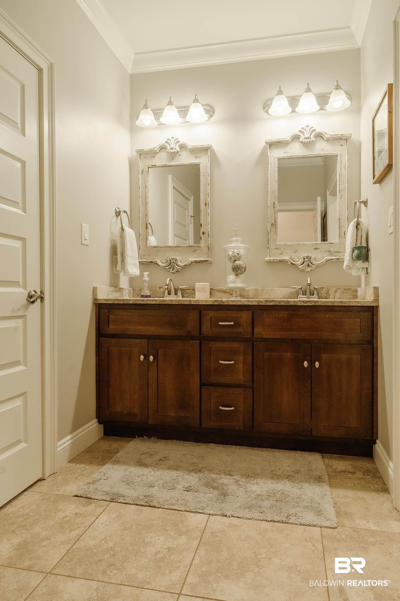 7235 Raleigh Way Mobile, AL 36695 - Photo 32 of 52 Full bath featuring double vanity, baseboards, ornamental molding, and tile patterned floors
