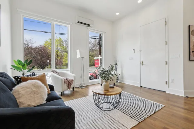 a living room with furniture and a potted plant