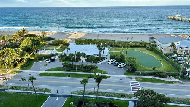 a view of a lake with a terrace