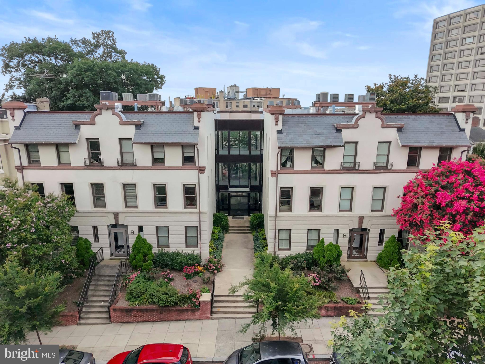 a front view of a multi story building