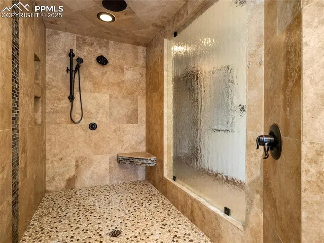 a bathroom with a shower and a toilet
