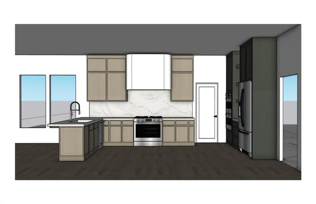 a black and white kitchen with stainless steel appliances