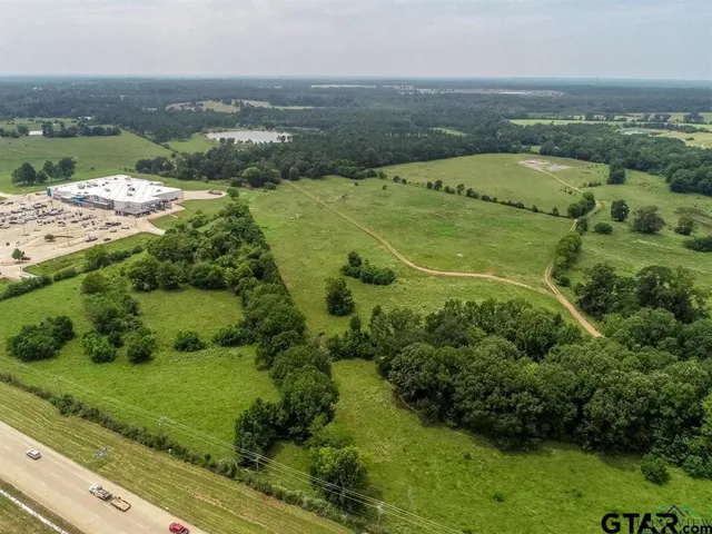 an aerial view of residential houses with outdoor space and trees