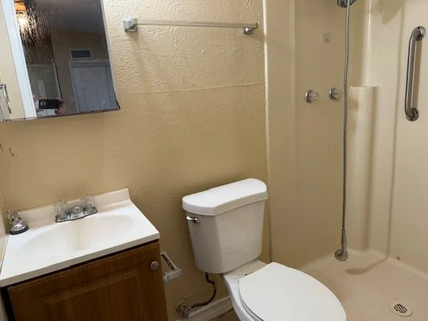 a bathroom with a sink a toilet and shower