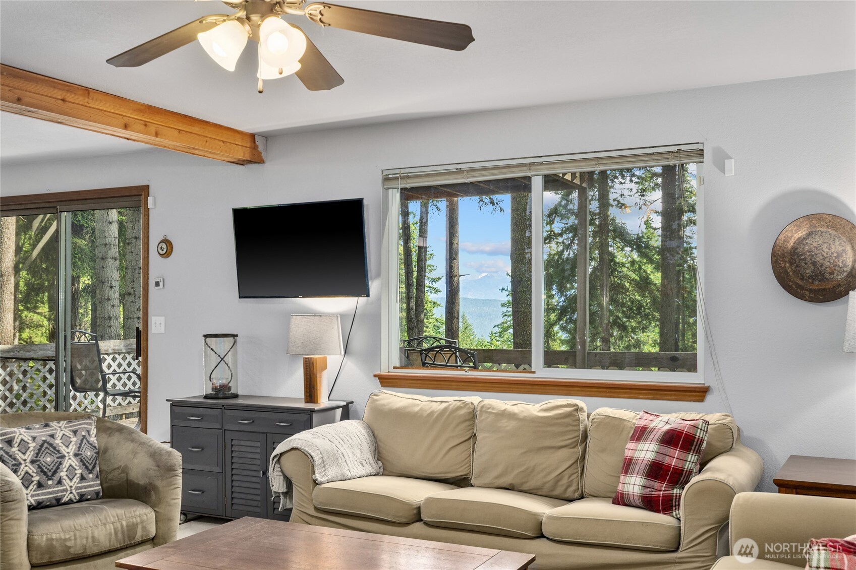 211 Indian Hill Road Cle Elum, WA 98922 - Photo 7 of 36 a living room with furniture a flat screen tv and a large window