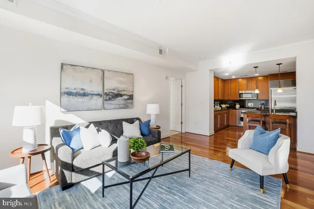 a living room with furniture wooden floor and a potted plant