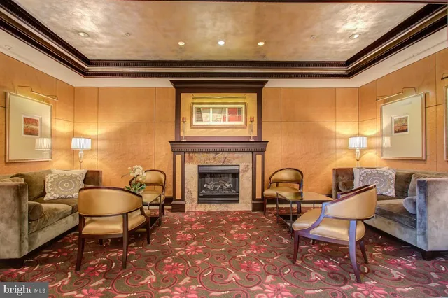 a view of a hallway with wooden shelves
