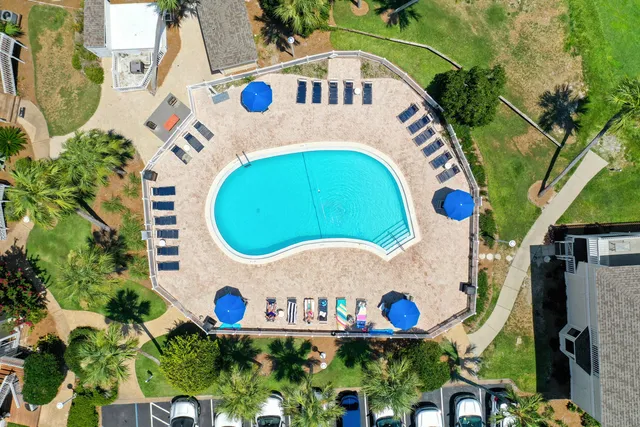 a view of swimming pool with outdoor seating and a potted plant