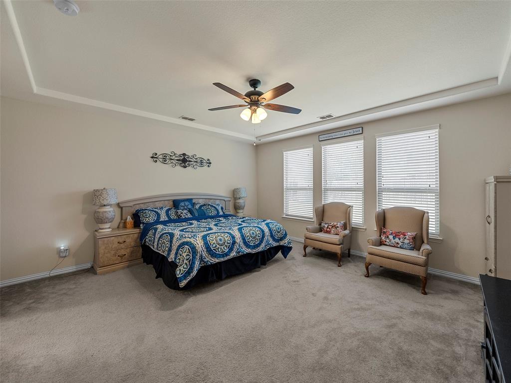 5207 Seth Avenue Sachse, TX 75048 - Photo 15 of 28 Carpeted bedroom featuring baseboards, a tray ceiling, and ceiling fan