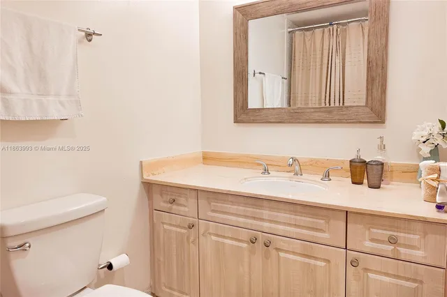a bathroom with a granite countertop sink and a toilet