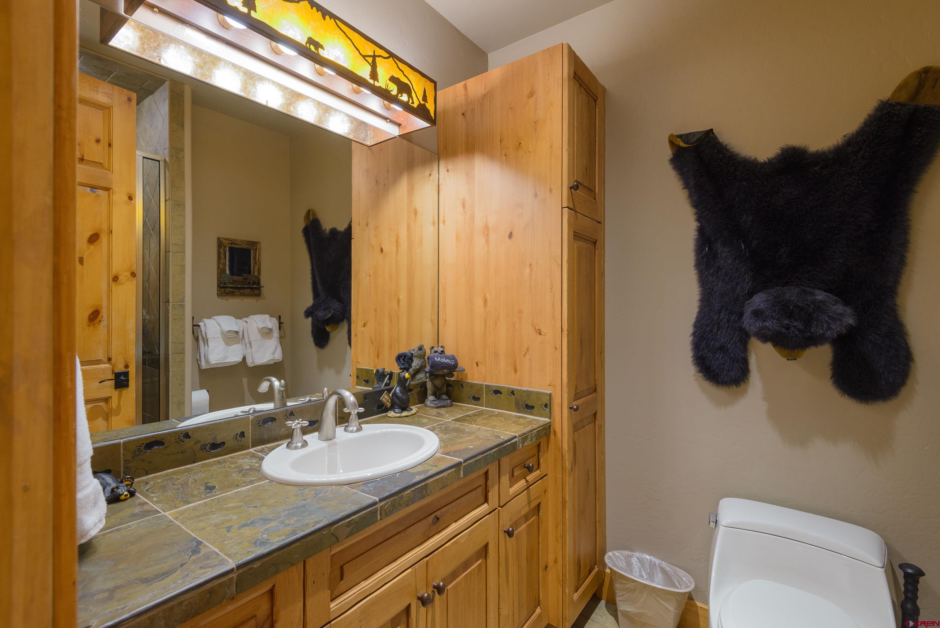 16 Snowmass Road, Unit 7 Crested Butte, CO 81225 - Photo 11 of 37 a bathroom with a granite countertop sink a toilet and a mirror