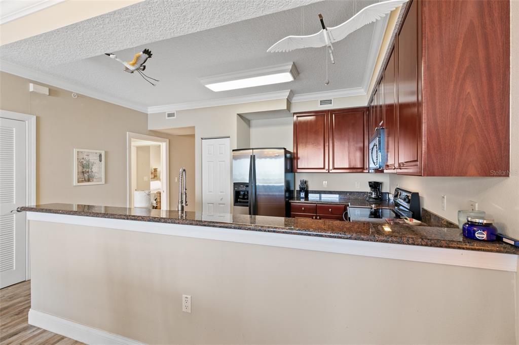 60 Surfview Drive, Unit 502 Palm Coast, FL 32137 - Photo 4 of 63 a kitchen with stainless steel appliances granite countertop a sink refrigerator and cabinets