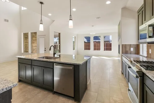 a kitchen with stainless steel appliances granite countertop a stove and a sink