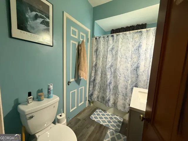 a white toilet sitting next to a shower curtain